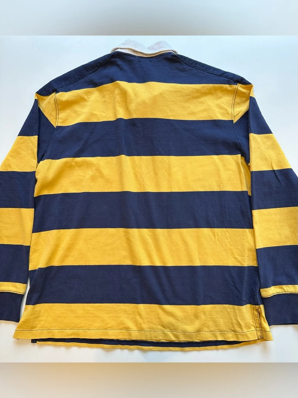 Polo Ralph Lauren Rugby Shirt XXL Custom Fit Navy Gold Striped Elbow Patch